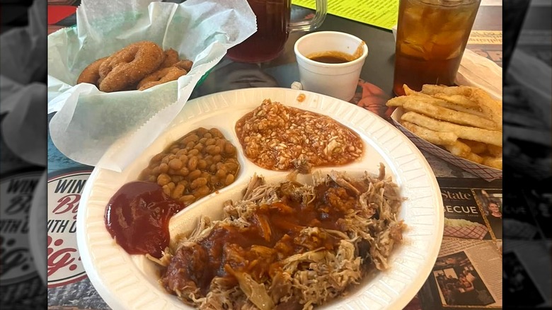 Close-up of barbeque and fries of at Red Bridges Barbecue Lodge in Charlotte, North Carolina