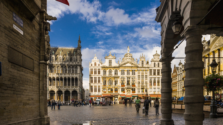 The central square of Brussels, Belgium, with groups of people milling about
