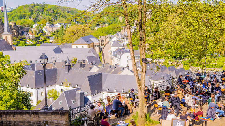 Busy patio overlooking the old town of Luxembourg City