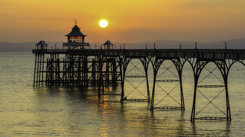 Clevedon Pier at sunset with its unique curved iron frame work
