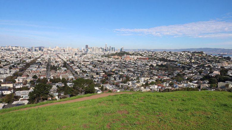 City blocks stretch away from the green lawns of Bernal Heights Park