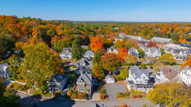 An aerial view of homes in Wellesley, Massachusetts