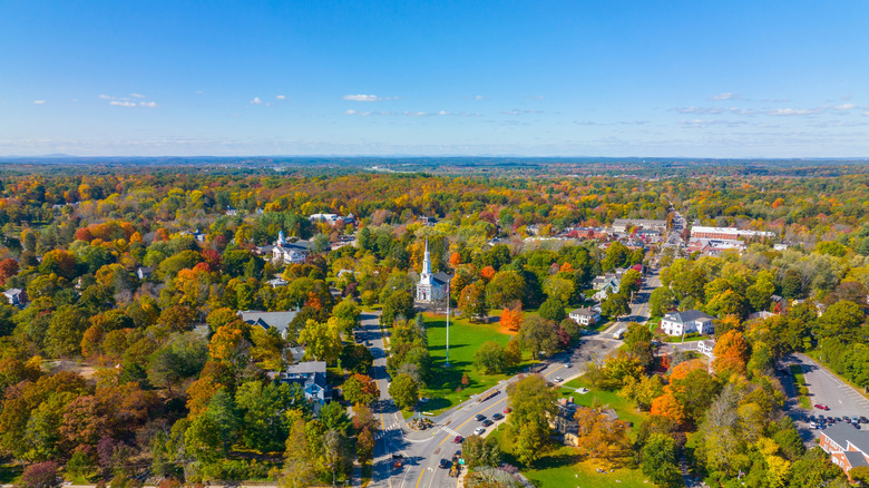 An aerial view of Lexington, Massachusetts in autumn