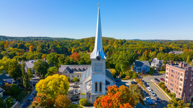 An aerial view of a church in Winchester, Massachusetts