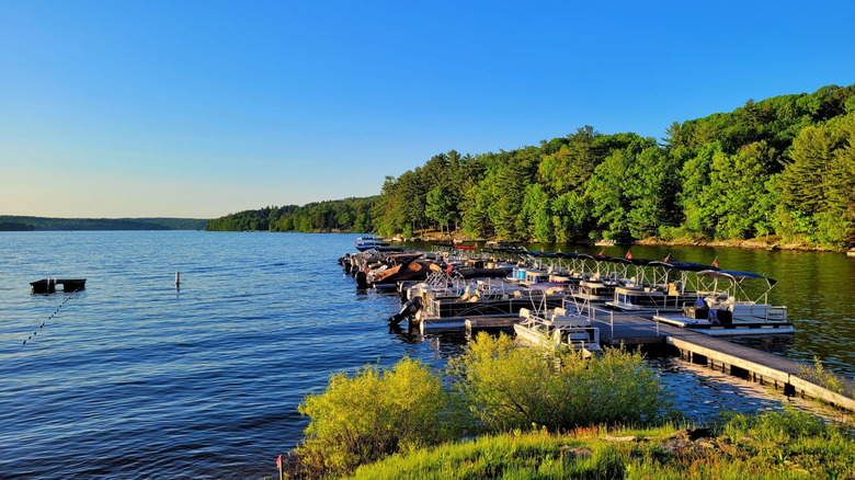 Blue lake under a blue sky, with green trees along the right of the frame and a dock lined with several boats in the foreground