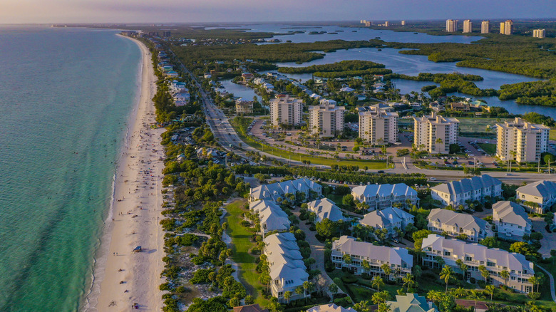 An aerial view of Bonita Springs, Florida, and its beach