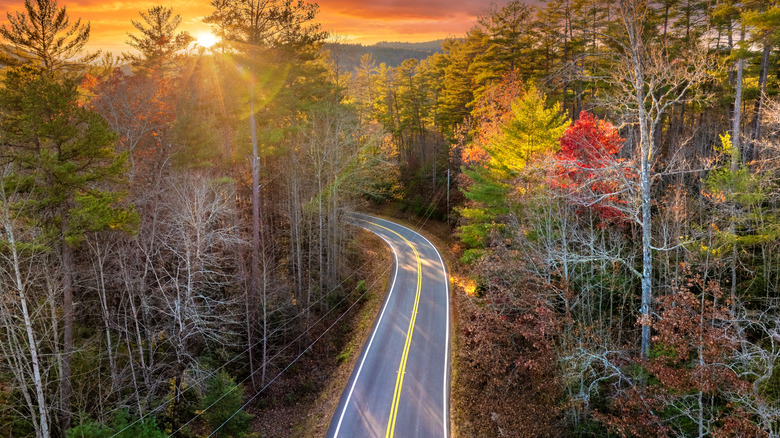 The Blue Ridge Parkway in autumn at sunset