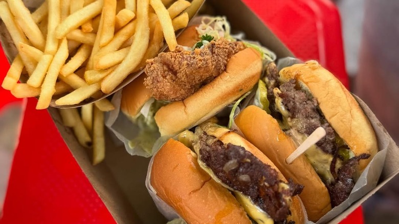 burgers, fries, and chicken from the Win-Dow