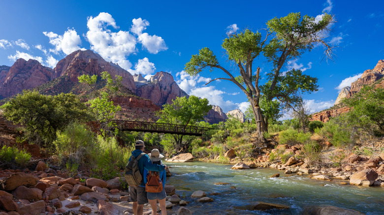 Hiking couple with backpacks looks at river and red mountains in Zion National Park