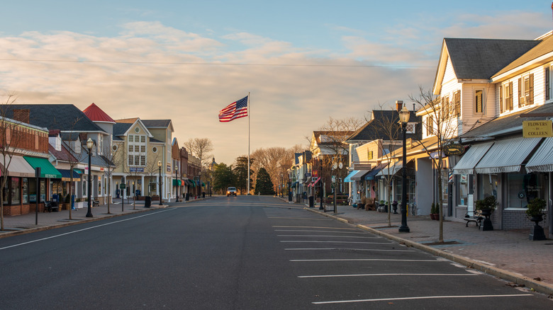 A morning shot looking down Main Street lined with shops in Spring Lake, NJ.