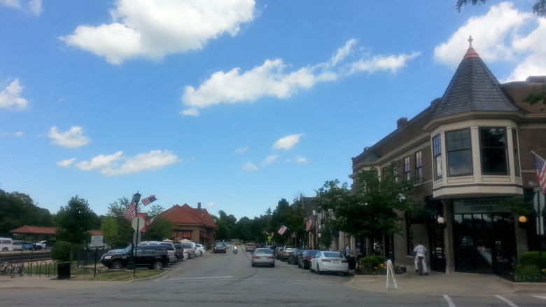 Downtown Hinsdale, Illinois, showing old-fashioned buildings and cars