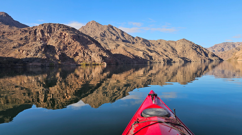 A red kayak in Lake Mohave