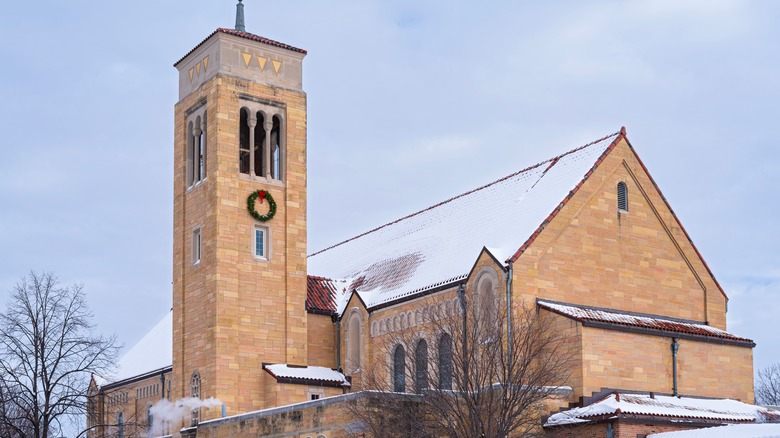 Snow church tower in Highland Park