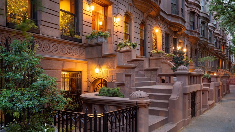 Upper West Side brownstones at night in New York City