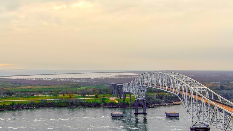 Sabine lake causeway in Port Arthur on a cloudy day
