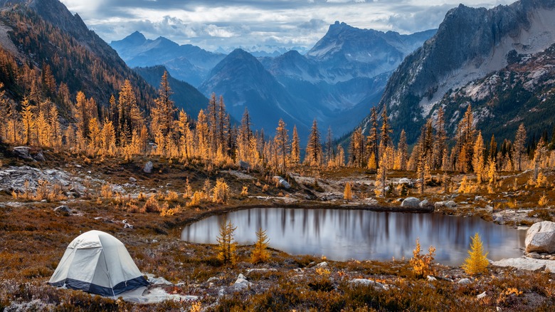 Little tent against the mountains of North Cascades National Park