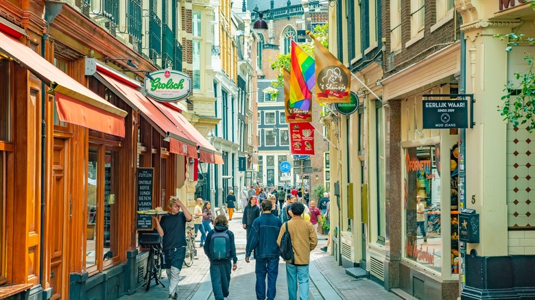 Rainbow flag on city street