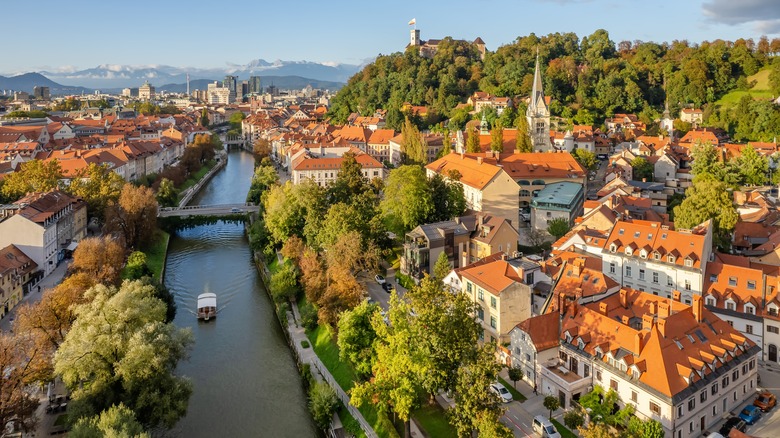 An aerial view of Old Town Ljubljana, Slovenia