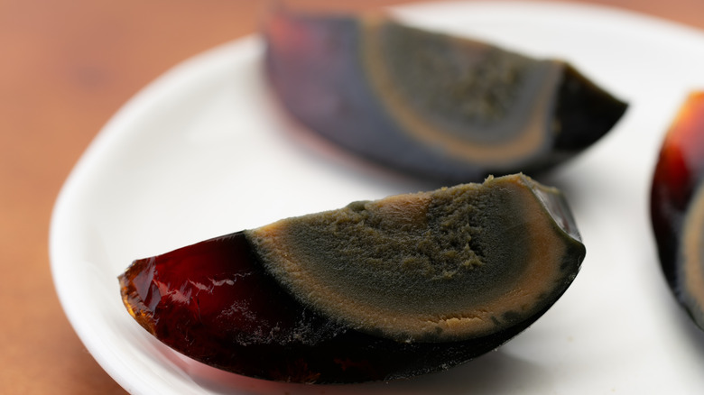 Close-up of a sliced century egg