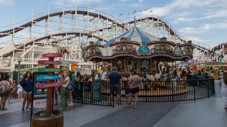 View of the Giant Dipper rollercoaster and merry-go-round at Belmont Park in Mission Beach, San Diego, California