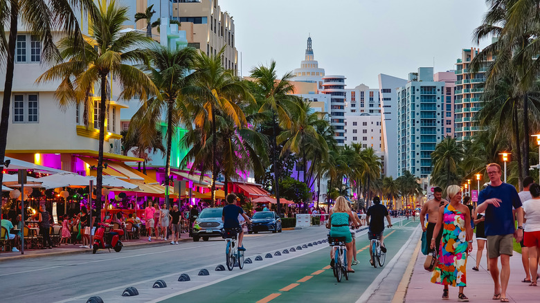 Pedestrians and cycle lanes with palm trees in Miami