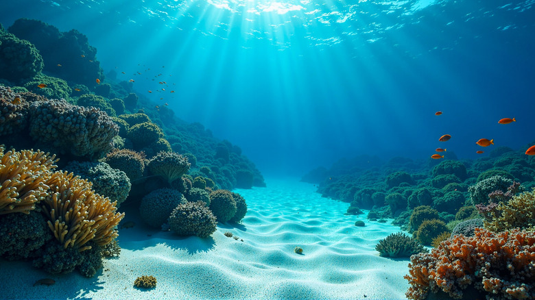 Shallow underwater view of coral and small fish with sun rays
