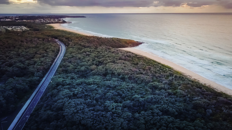 An aerial view of a coastal road near Ulladulla, NSW, Australia