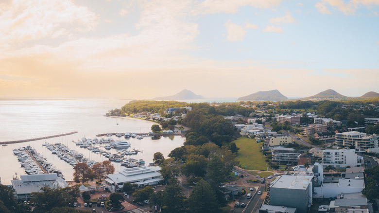 An aerial view of the town of Nelson Bay, Australia, and the Pacific coastline
