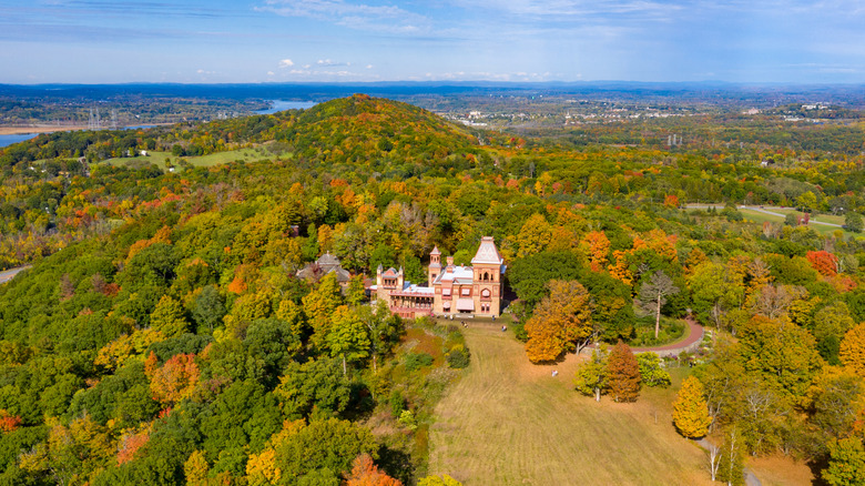 The Olana State Historic Site in Hudson, New York seen from above with fall foliage