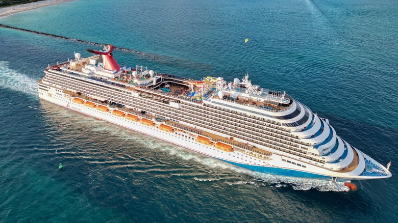 Aerial view of a Carnival cruise ship setting sail