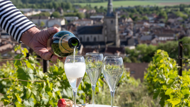 Person pouring fizzy champagne in a vineyard overlooking a village in Champagne, France