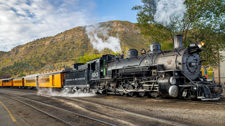 The Durango Silverton train against a blue sky
