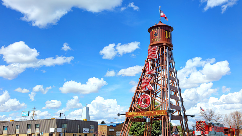 The Elko tower with red letters