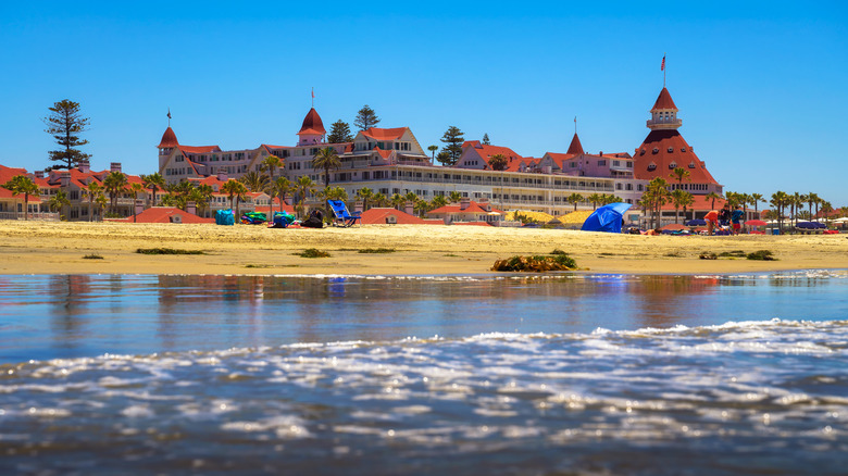 This is Coronado Beach with Hotel del Coronado as part of the photo