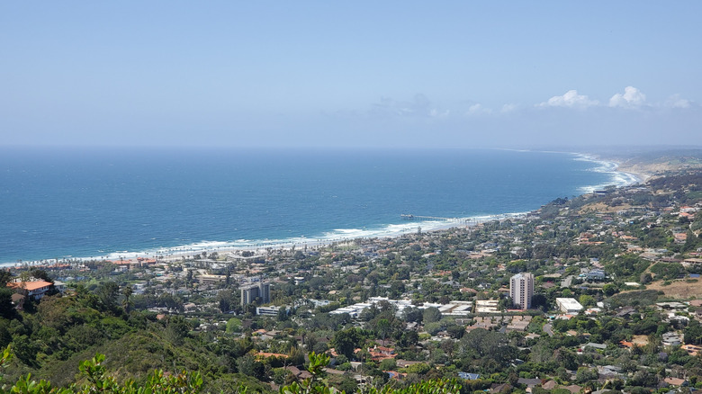 An aerial view of the Pacific Ocean from the top of Mount Soledad in San Diego