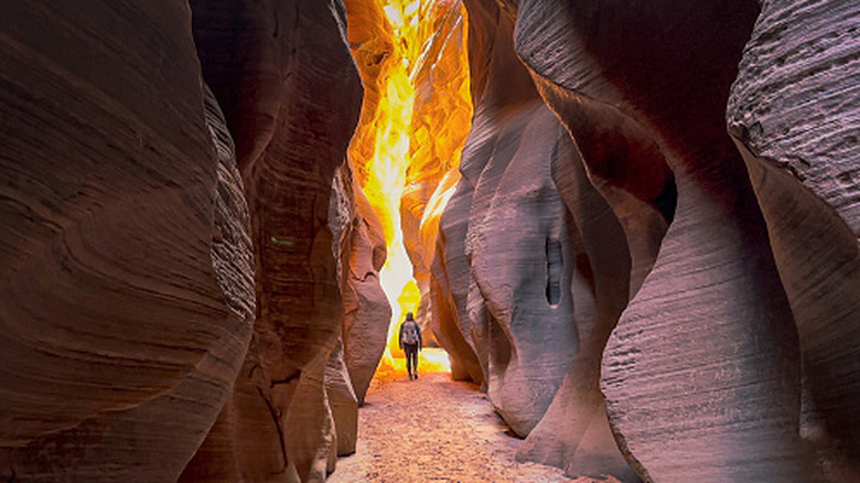 Hiker in Buckskin Gulch slot canyon, Utah