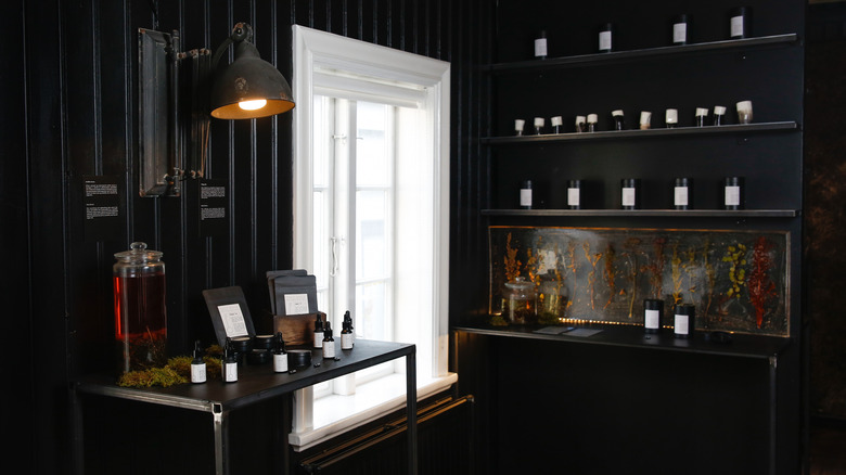 Interior view of some of the bottles of perfume on sale at Fischersund, an artisanal fragrance shop, in downtown Reykjavík, Iceland