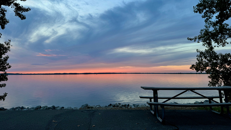 The sunset behind trees and a picnic table at Carlyle Lake, in Illinois.