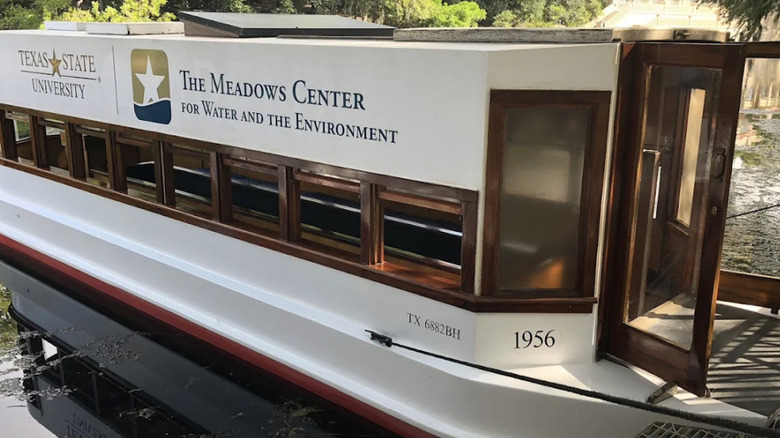Close-up view of glass-bottom boat at Meadows Center for Water and the Environment, formerly Aquarena Springs amusement park
