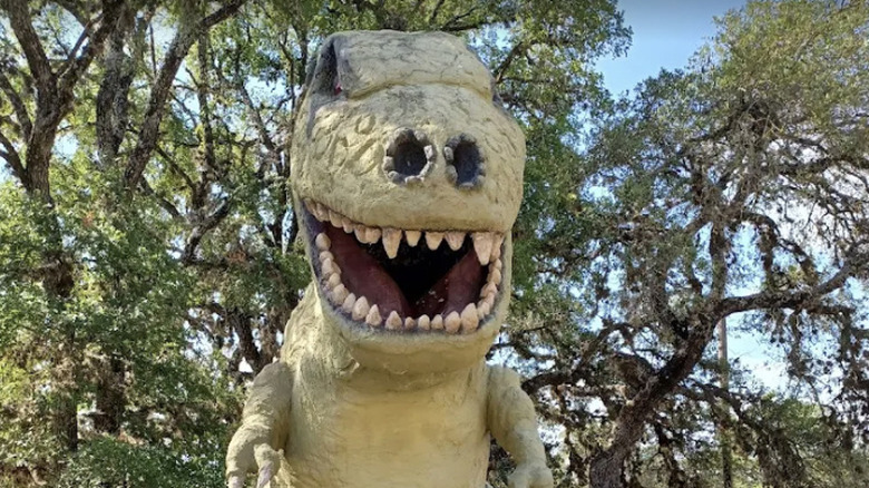 Close-up photo of Rex the Tyrannosaurus Rex statue at Cascade Caverns in Boerne, Texas