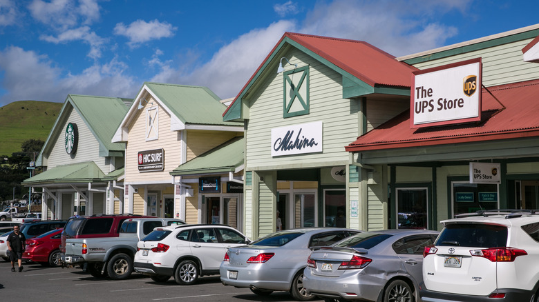 View of Parker Ranch Center in Waimea, Hawaii, with mall stores in Old West-style buildings
