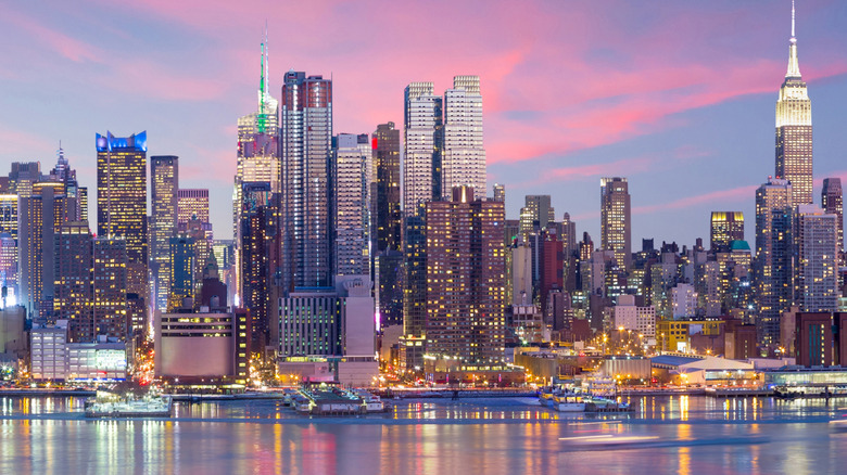 New York skyscrapers against a pink sunset