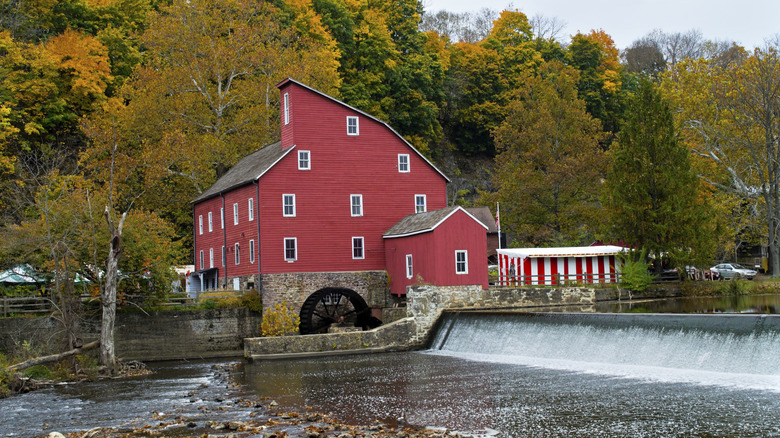 view of the red mill in Clinton during fall
