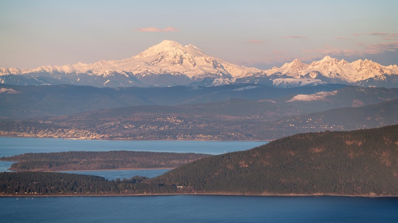 Mount Baker and Bellingham seen from the summit of Mount Constitution