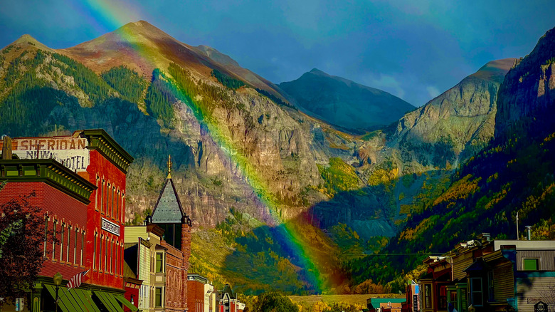 The ski town of Telluride with a rainbow in summer