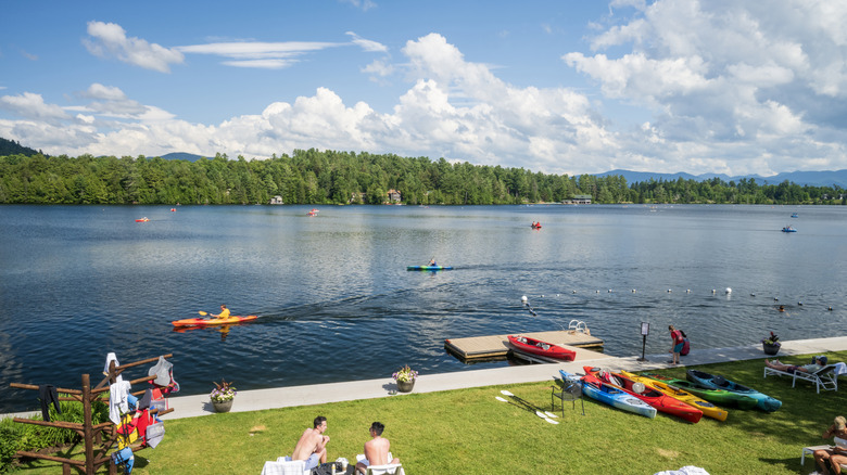 Summer at Lake Mirror in the center of Lake Placid