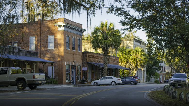 A downtown with palm trees and park cars
