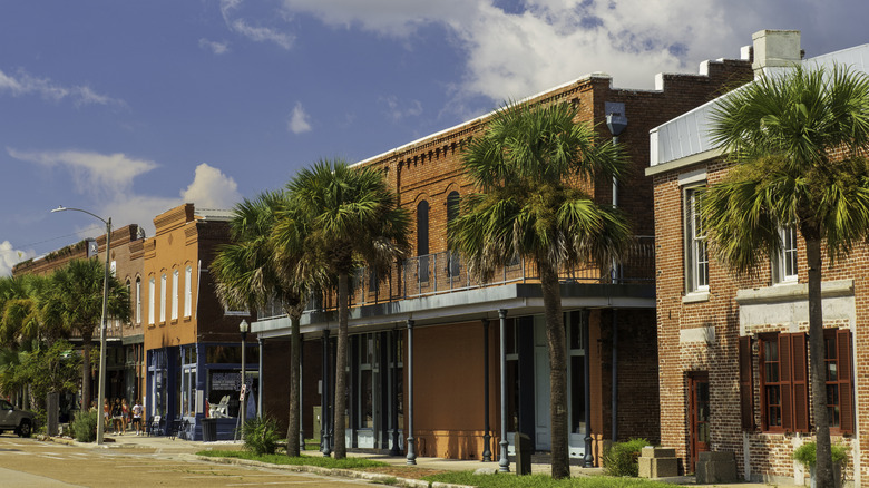 Downtown Apalachicola lined with palm trees