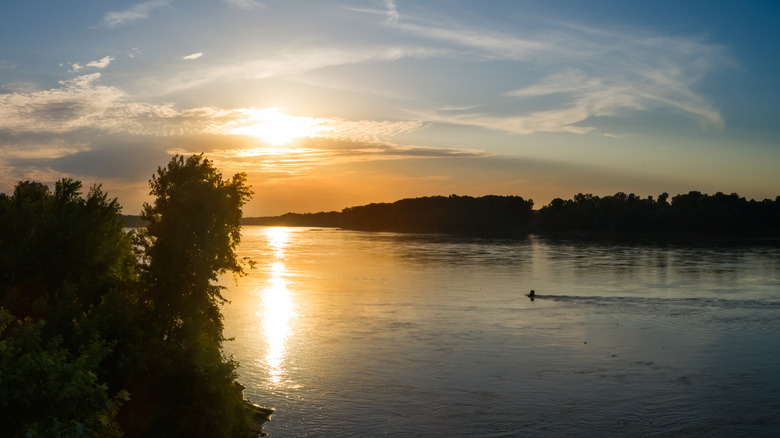 Aerial view of the Missouri River at sunset