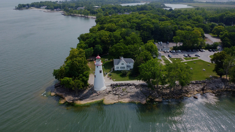 Aerial view of Marblehead lighthouse in Marblehead Ohio, on lake Erie.